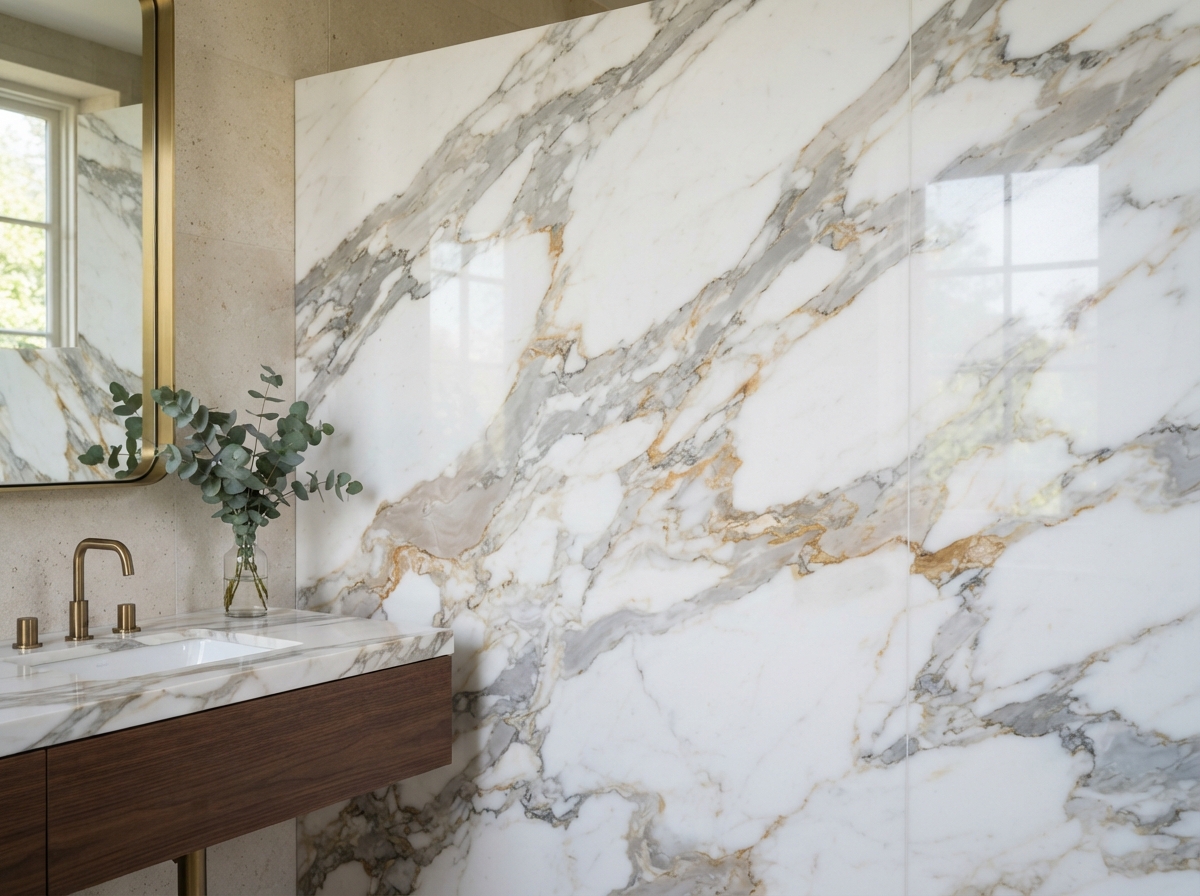 Calacatta Gold Marble slab closeup showing gray and gold veins